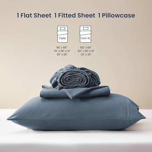 SLEEP ZONE Nanotex Super Soft Cooling Kids Bed Sheets Set Twin XL 3 Piece - Easy Care Fitted Flat Sheet & Pillowcase Sets - Wrinkle Free, Fade Resistant, Deep Pocket 16" (Flint Blue, Twin XL)