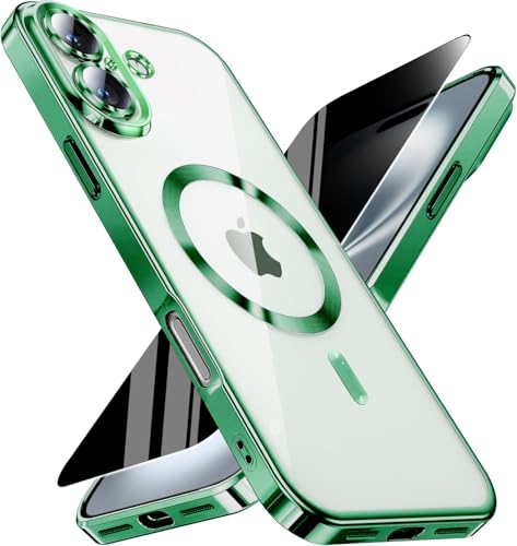 Image of Magnetic for iPhone 16 Plus Case with Privacy Screen Protector & Full Camera Cover,[Non-Yellowing] Plating Glossy Soft Shockproof Clear Phone Case with MagSafe Women Girls for iPhone 16Plus 6.7 inch,Green