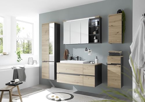 möbelando Badezimmer-Set Memphis 230x176x53 cm 5-teiliges Set, Grau Artisan Eiche Dekor, MDF tiefziehfoliert, Softclose, LED-Spiegelschrank, mineralisches Waschbecken,Griffmulden, hängend, zerlegt