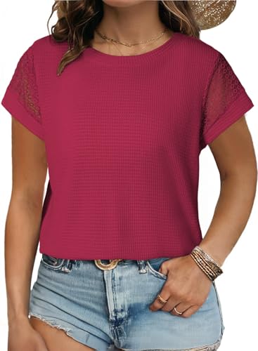 Image of Eytino Plus Size Tops for Women Waffle Knit T-Shirts Round Neck Short Sleeve Casual Loose Basic Tee Blouses(1X-5X)