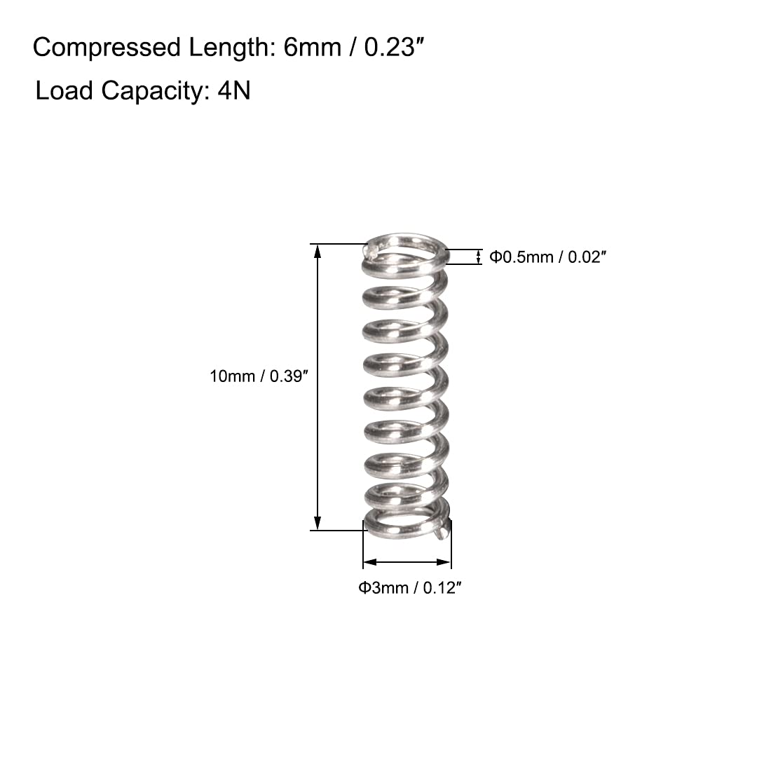 uxcell Compression Spring,304 Stainless Steel,3mm OD,0.5mm Wire Size,6mm Compressed Length,10mm Free Length,4N Load Capacity,Silver Tone,10pcs — Amazon image 3
