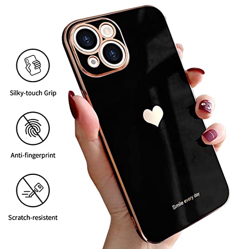 Teageo Compatible With Iphone 13 Case For Women Girl, Cute Love-Heart Luxury Bling Plating Soft Back Cover, Raised Full Camera Protection Bumper, Silicone Shockproof Phone Case For Iphone 13, Black #TOP7
