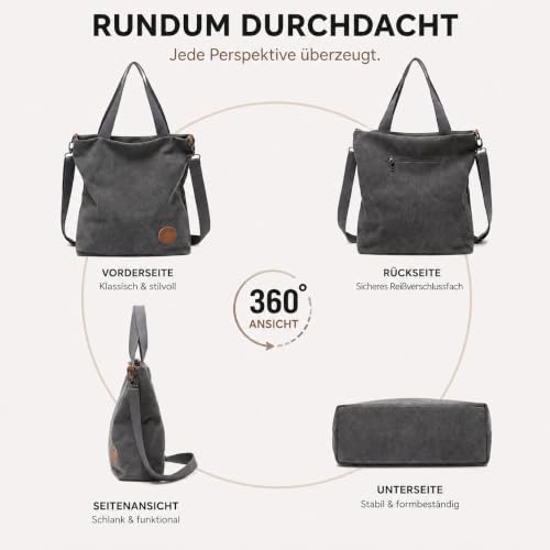 JANSBEN Duże torby na ramię dla kobiet Torba na ramię Torba płócienna torba na ramię, Czarny (Black), L, Torby na ramię