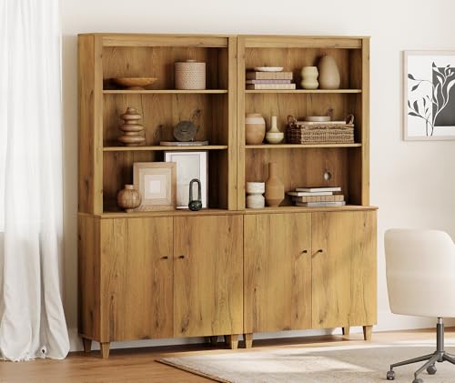 Image of WAMPAT 71 inch Tall Bookcase with Doors & Storage Cabinet, 2 Column Modern 5-Tier Bookshelf with Adjustable Shelf, 71 inch Wide Wooden Display Book Shelf for Home Office, Living Room, Bedroom, Oak Brown