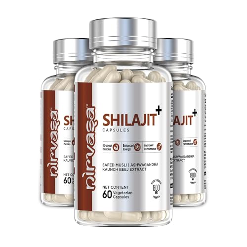 Nirvasa Pure Shilajit/Shilajeet (800mg) 3x60 Capsules | Boost Strength, Stamina, Energy & Immunity | Supports Vitality, Performance & Muscle Growth | Ashwagandha, Safed Musli & Kaunch Beej (Pack of 3)