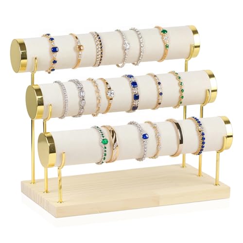 WENLISELL 3 Tiers Detachable Bracelet Holder Stand with Wooden Base Velvet Bangle Storage Rack Beige Bracelet Display Stand for Necklace Watches Rings