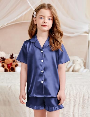 Image of Arshiner Girls Pajamas Silk Satin Pajama Set Button Pjs Ruffle Sleepwear | 2 Piece Nightwear, Silky Soft Lounge for Little & Big Kids, Ideal for Sleeping and Sleepover Party