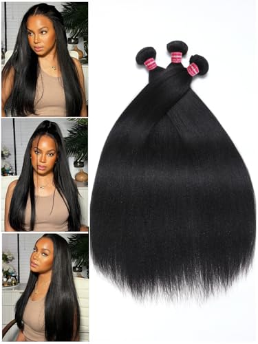 Julia Hair 12A Yaki Straight Human Hair 3 Bundles 12 14 16 Inch Unprocessed Virgin Real Human Hair Weave Extensions for Women Clip in Kinky Straight Wig Bundles Natural Black