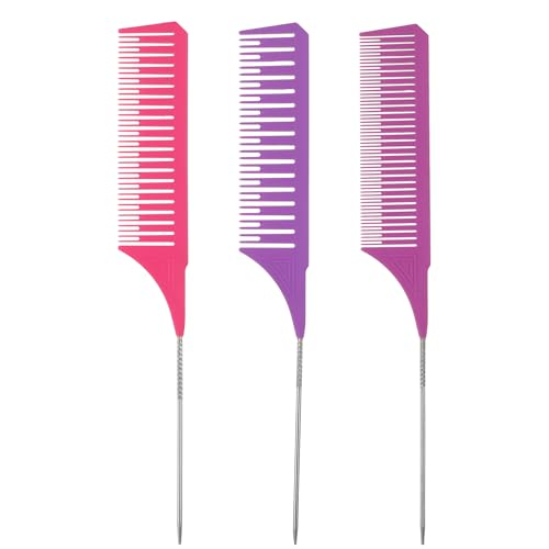 3Pcs Highlighting Comb Professional Hair Dye Combs 3 Sizes Highlight Comb Weaving Combs with Long Stainless Steel Rat Tail for Home and Salon(Purple Magenta Purple)