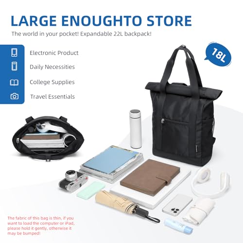 GOLF QUALITY Rolltop Rucksack Damen Herren, Rucksack Tasche 2 in 1 Damen Foldable Handtasche Leichtgewicht Casual Schultertasche Nylon Reiserucksack Arbeit Wander,22L Schwarz