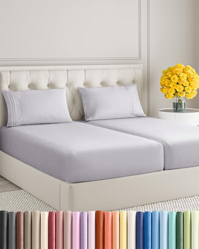 Image of Split King Size 5 Piece Sheet Set - Soft & Cooling Bed Sheets - Light Lilac | Fits 8 Inch to 16 inch Mattress, Wrinkle Free & Fade Resistant with Deep Pockets, Breathable, Comfy Hotel Luxury Bedding