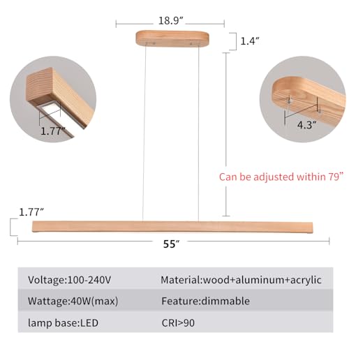 Image of 55 inch Wood Linear Pendant Modern Kitchen Island Light Fixture with Remote Solid Wooden Hanging Ceiling Light Chandeliers for Dining Room Kitchen Pendant Lighting Over Island Natural