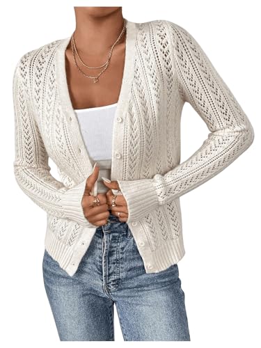 SHENHE Women's Pointelle Sweater Cardigan Crochet Hollow Out Eyelet Button Up Cropped Cardigan4