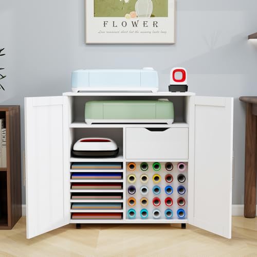 Craft Cart Cabinet Compatible with Cricut for Storage Organization Rolling Craft Cabinet Table Stand Workstation with Vinyl Roll Holder with Wheels for Craft Room Organizer 31.6W x 15.8D x 33.7H