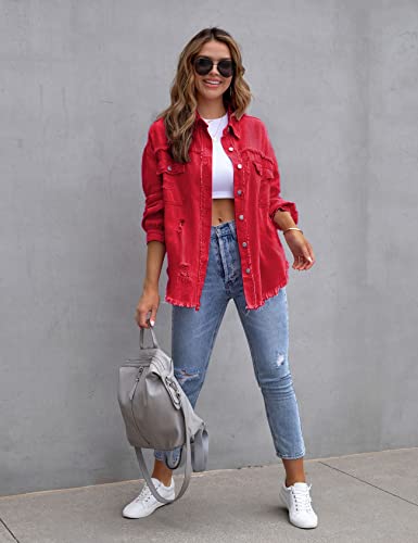 Perbai Womens Oversized Ripped Denim Jacket Frayed Hem Button Front Boyfriend Jean Coat Western Shacket with Pockets4