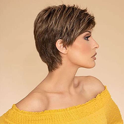 Renershow Short Ombre Brown Highlight Pixie Cut Wigs For White Women Heat Synthetic Side Part Wig With Bangs Dark Brown Mixed Blonde Layer Natural Short Hairstyles For Women #TOP1