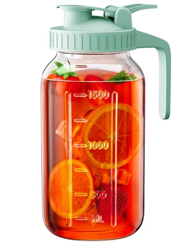 Image of 64 oz Glass Pitcher with Lid, Large Wide Mouth Mason Jar with Pour Spout, Green Sun Tea Glass Jar for Outside, Drink Pitcher Great for Drink, Cold Beverages and Breast Milk