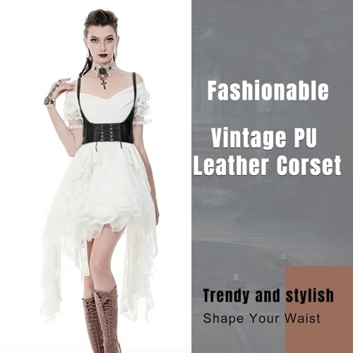 Women Faux Leather Corset Waist Belt Elastic Wide Underbust Corset Lace-up Steampunk Waspie Belt For Halloween4