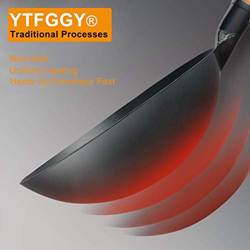 Carbon Steel Wok, YTFGGY Wok Pan for Gas Stoves - 12.6“ Woks and Stir Fry Pans - Traditional Chinese Japanese Iron Woks (Lid, Spatula Included)