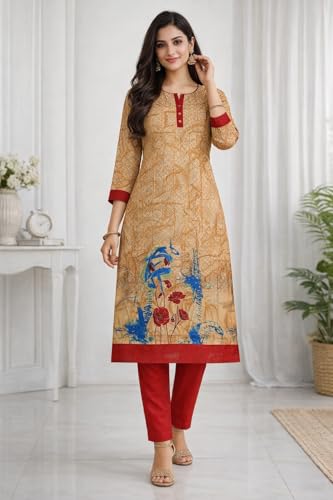 Image of Women's Cotton Blend Unstitched Kurti Set for Women | A-Line Style Dress Material | 2-Piece Traditional Ethnic Wear Suit Fabric