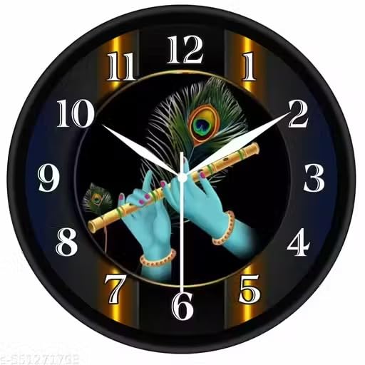 Image of Lord Krishna Flute & Peacock Feather Wall Clock for Puja Room & Living Room | Round Analog Silent Non-Ticking Hindu Spiritual Decor Watch | Mor Pankh Bansuri Timepiece