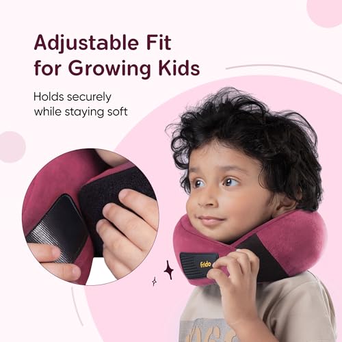 Image of Frido Kids Memory Foam Travel Neck Pillow with Travel Pouch | 360 Chin & Neck Support for Comfortable Sleep | Adjustable Velcro Straps | Ideal for Car, Flight & Road Trips | Wine