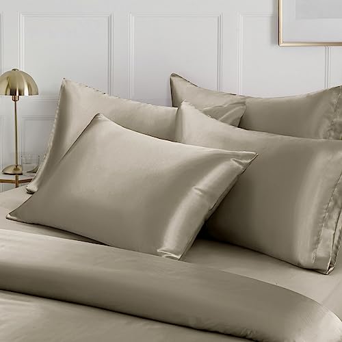 Image of Ersmak 6 Pieces Satin Duvet Cover King Size Luxury Silky Bedding Duvet Cover Set with 1 Soft Duvet Cover, 4 King Pillowcases and 1 Body Pillowcase, Sand