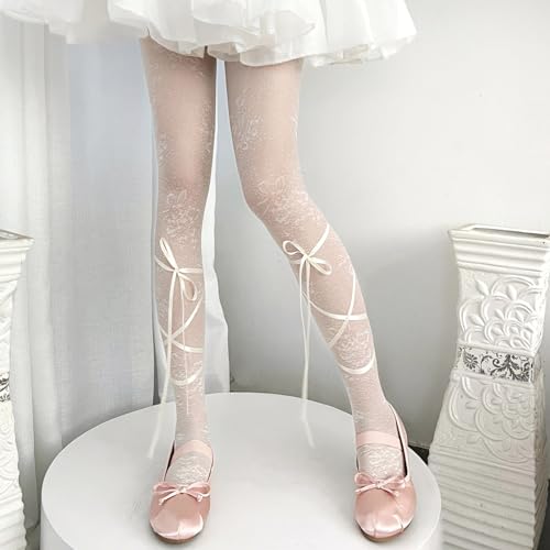 Image of Women's Lolita Patterned Tights Kawaii Bow Fishnet Stockings Lace Pantyhose | Semi See Through Tights Hollow Out Leggings Socks