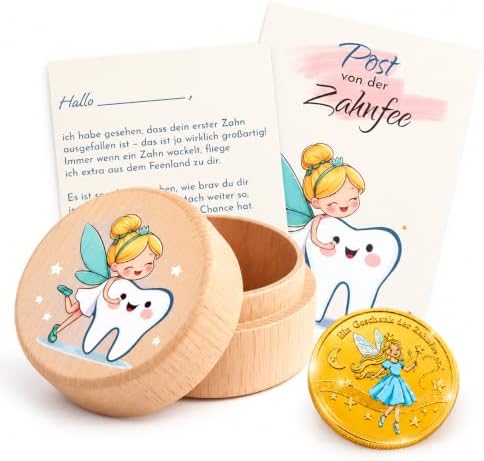 Gzxhsy Zahndose Milchzähne für Mädchen und Jungen | Zahnfee Geschenk mit Milchzahndose, Brief, Münzen | Geschenk zur Taufe, zum Geburtstag oder für neue Eltern (A5-Zahnfee)