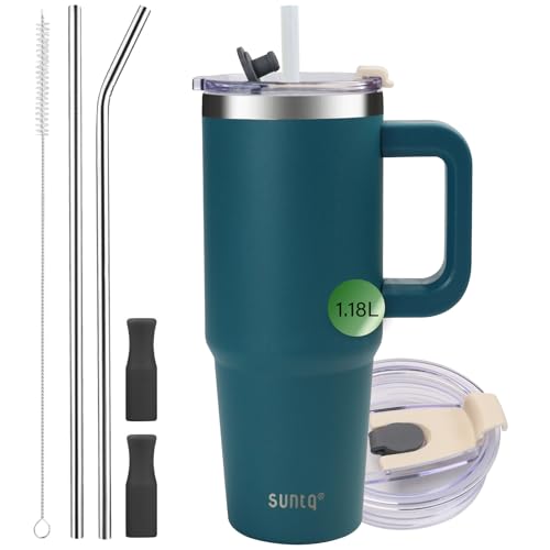 SUNTQ 1180ml/40oz Tumbler mit Griff, Doppelwandige Vakuum Isolierte Wasserflasche mit Stroh und Deckel, Edelstahl Reise Kaffeebecher, Thermische Tasse für Getränke, Fit in Becherhalter(Blau)