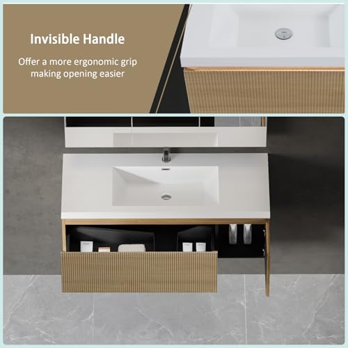 Image of Wall Mounted Bathroom Sink Vanity, Modern 48 inch Floating Vanity with Resin Basin, U-Shaped Soft-Close Storage Drawer & Side Door, Striped Bathroom Storage Cabinet with Invisible Handle, Wood