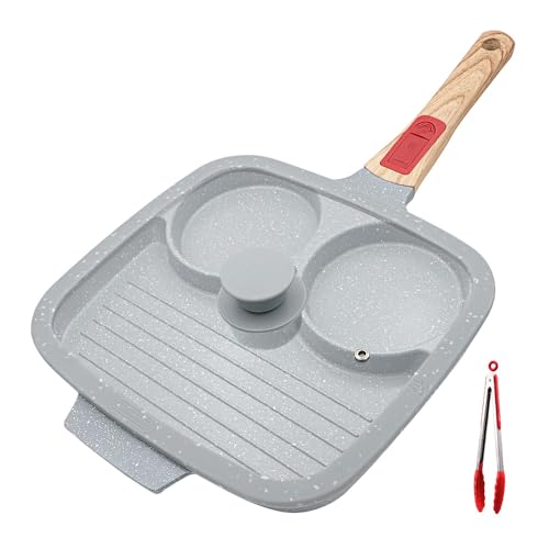 RANX INGST Poêle à Frire 3 Trous avec Couvercle, Poêle à œufs au plat en Céramique avec Poignée Amovible 26 cm, Poêle Grill Antiadhésive 3 en 1 pour Petit-déjeuner - Bleu