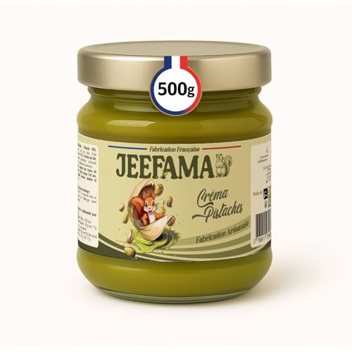 Jeefama, Pate a tartiner pistache, Creme de pistache artisanale, Fabrication française, Idéale pour patisserie façon chocolat de Dubaï, Texture onctueuse et gourmande (500gr)
