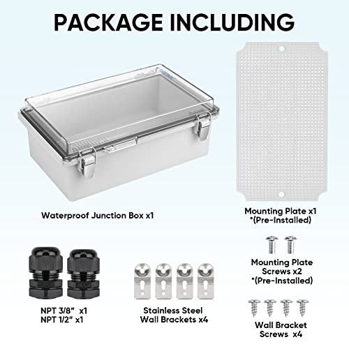 Image of TICONN Outdoor Electrical Box Waterproof, Junction Box IP67 ABS Plastic Enclosure with Hinged Cover with Mounting Plate, Wall Brackets, Cable Glands (Clear, 10.2 inchx6.3 inchx3.9 inch)
