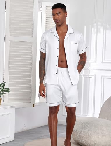 Vssjavun Mens Satin Silk Pajamas Sets Short Sleeve Button-Down Sleepwear Two Piece Loungewear with Pockets