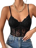 Softwrap Women's Floral Lace Sheer Mesh Corset Bodysuit Spaghetti Strap Cami Top (Medium, Black)