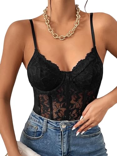 Xivir Women's Floral Lace Sheer Mesh Corset Bodysuit Spaghetti Strap Cami Top