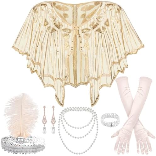1920s Great Gatsby Accessories Set For Women,Flapper Dress Accessories Headband Earring Cigarette Necklace Gloves, Champagne, M Price In UAE | Amazon UAE - Foto 3