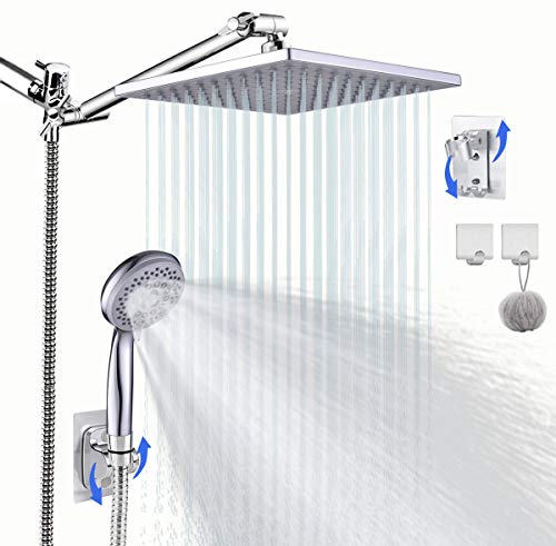 Hand Shower Head with hose, 8'' High Pressure Rainfall Shower Head / Handheld Showerhead Combo with 11â€ Extension shower Arm, Shower Separately or Together, with Two Shower Holders, Bath Sponge.