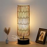 Rattan Table Lamp, Touch Control Bedside Table Lamp with Black Base, 3 Way Dimmable Nightstand Lamp with Dual-layer Shade, Boho Night Light for Bedroom Living Room Home Office, 9W LED Bulb Included