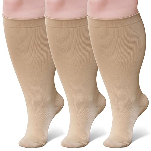 Image of 3 Pairs Plus Size Compression Socks: Wide calf Compression Stockings for Men Women - Extra Large 20-30 mmHg Compression Hose Support for Travel Nurses Running Pregnancy