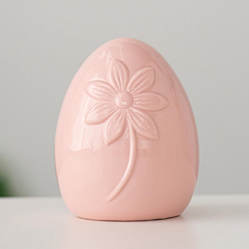 CHUOZI Easter Egg Decorations, White Ceramics Eggs Figurines with Artistic Floral Print for Spring Indoor Home Decor, Porcelain Statues Table Centerpiece Mantel Tray (Pink B)