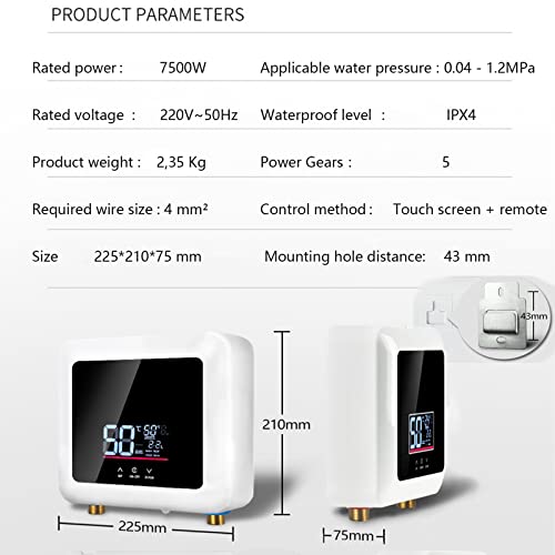 7500W Chauffe-eau électrique instantané pour douche, Chauffe-eau électrique sans réservoir sous évier, mini chauffe eau instantané portable, Chauffe de 30°C à 55°C, Panneau DEL – Image 7