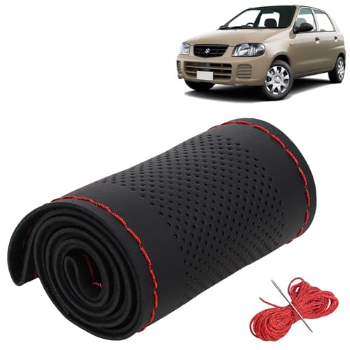 Image of KINGSWAY PU Leatherite Car Steering Cover Sewable Compatible with Maruti Suzuki Alto 800 (Year 2000-2012), Black Color with Red Thread, Pack of 1 with Sewing Needle and Thread