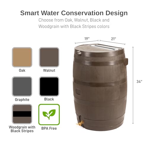50-Gallon Rain Barrel with Brass Spigot, Flat Back Rain Water Collection Barrel, Walnut Color