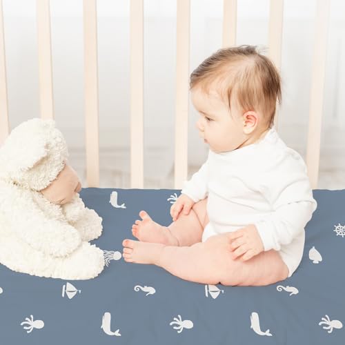 Image of Nap Mat Sheet 47 inchx24 inch, 3 Pack Blue Ocean Sailor Baby Crib Sheets Fitted Elastic Corners, Preschool Day Care Rest Mat Cover, Soft Breathable - Compatible with Regalo My Cot, Joovy Travel Cot