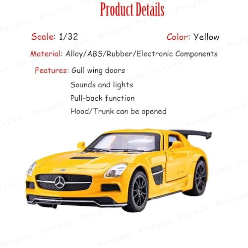 Image of 1:32 Benz SLS AMG Model Car Zinc Alloy Pull Back Toy with Sound & Light Fun for Kids, Boys & Girls Collectible Diecast Car for Ages 3+ (Yellow)