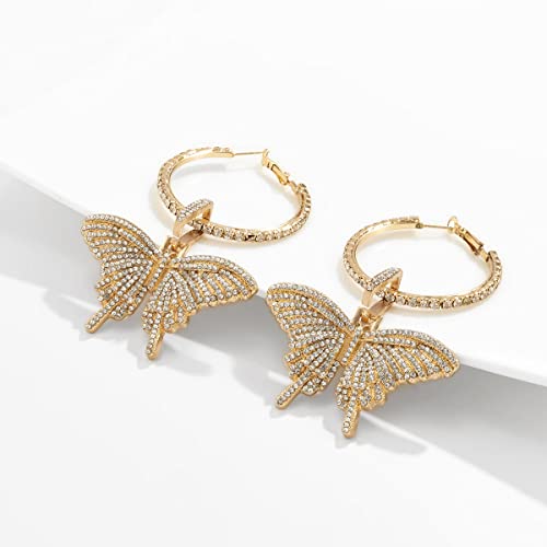 Wiwpar Large Butterfly Hoop Dangle Earrings Sparkly Rhinestone Butterfly Earrings Fashion Round Circle Open Hoop Dangle Earrings for Women Girls4