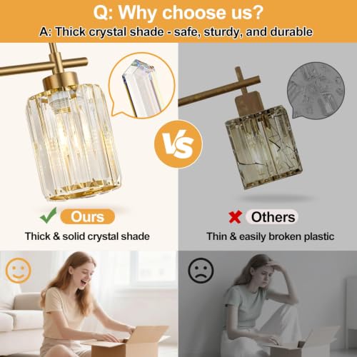 Image of Modern Crystal Bathroom Vanity Light, 3-Light Brushed Gold Bathroom Light Fixtures with Clear Shades, Vanity Lighting Fixtures Over Mirror (Exclude Bulb)
