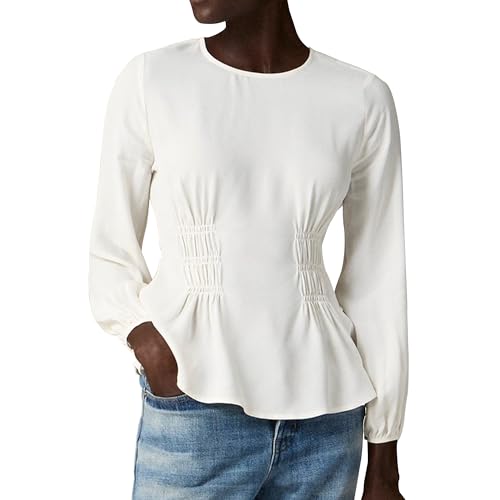 Womens White Shirred-Waist Top Long Sleeve Crewneck Shirt Casual Blouse, White, S